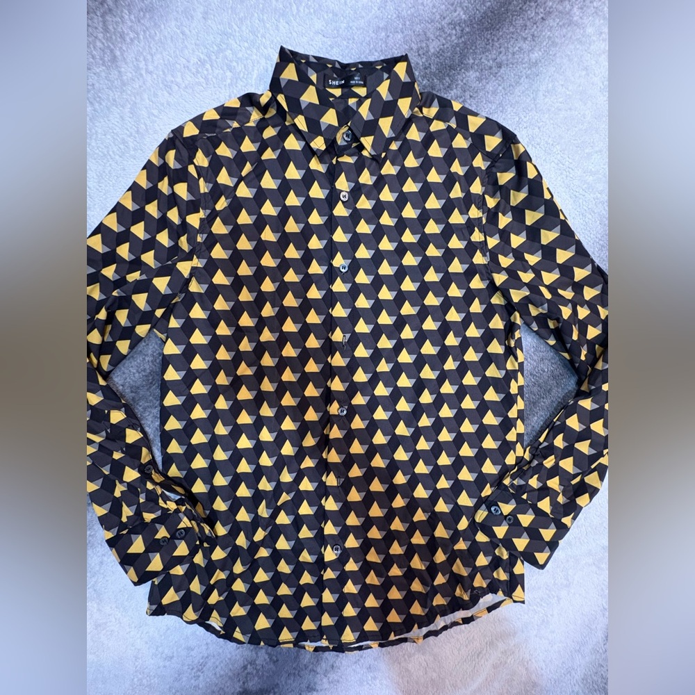 NWOT SHEIN Men’s Black Yellow Geometric Casual Office Button Up Shirt Small S‎